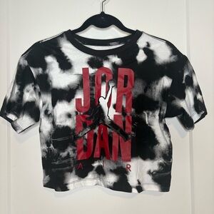 Jordan Women’s Black and White Tie-Dye T-Shirt with Red Logo